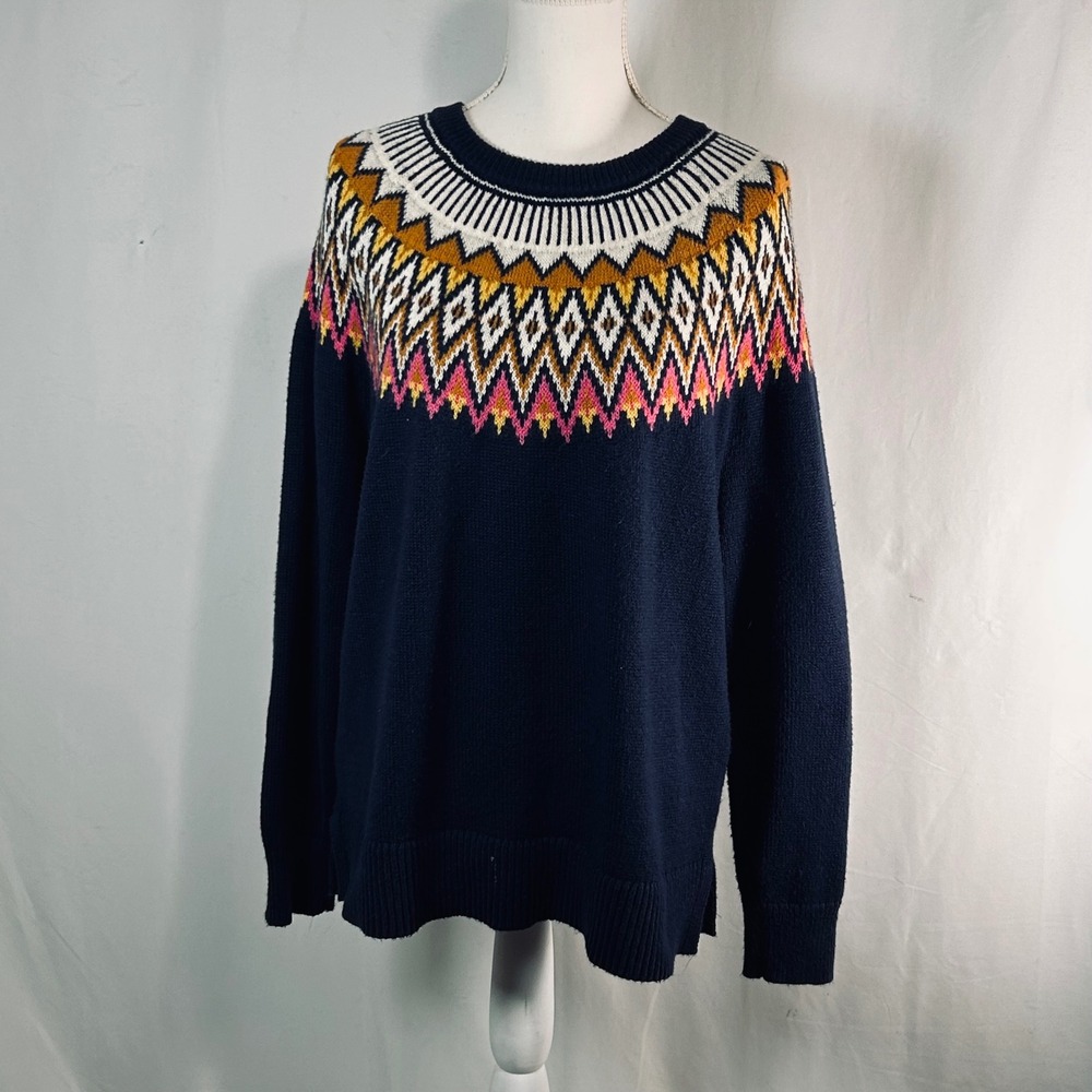 Old Navy Womens‎ Navy Blue Fair Isle Knit Sweater Large Cotton Blend Crewneck